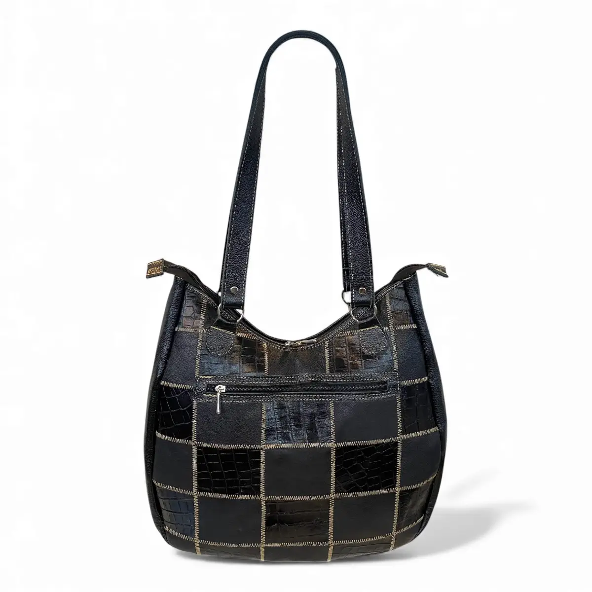 Bolsa Em Retalhos De Couro Legitimo Ombro Grande Feminina - Imagem 10