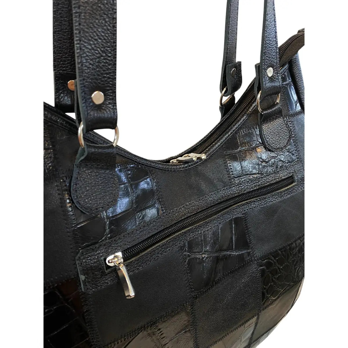 Bolsa Em Retalhos De Couro Legitimo Ombro Grande Feminina - Imagem 21