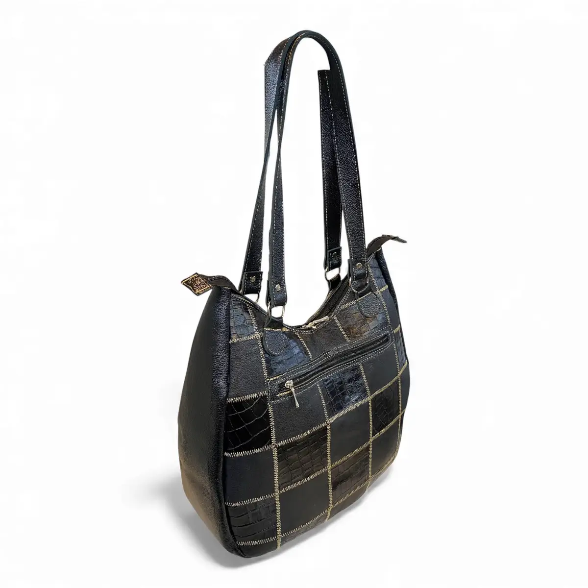Bolsa Em Retalhos De Couro Legitimo Ombro Grande Feminina - Imagem 11