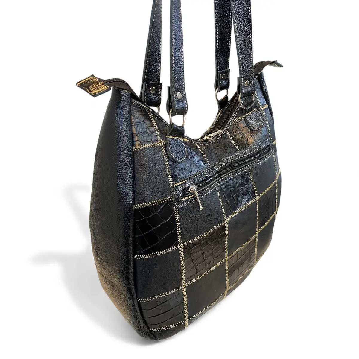 Bolsa Em Retalhos De Couro Legitimo Ombro Grande Feminina - Imagem 12