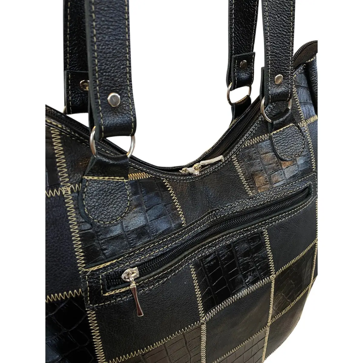 Bolsa Em Retalhos De Couro Legitimo Ombro Grande Feminina - Imagem 13