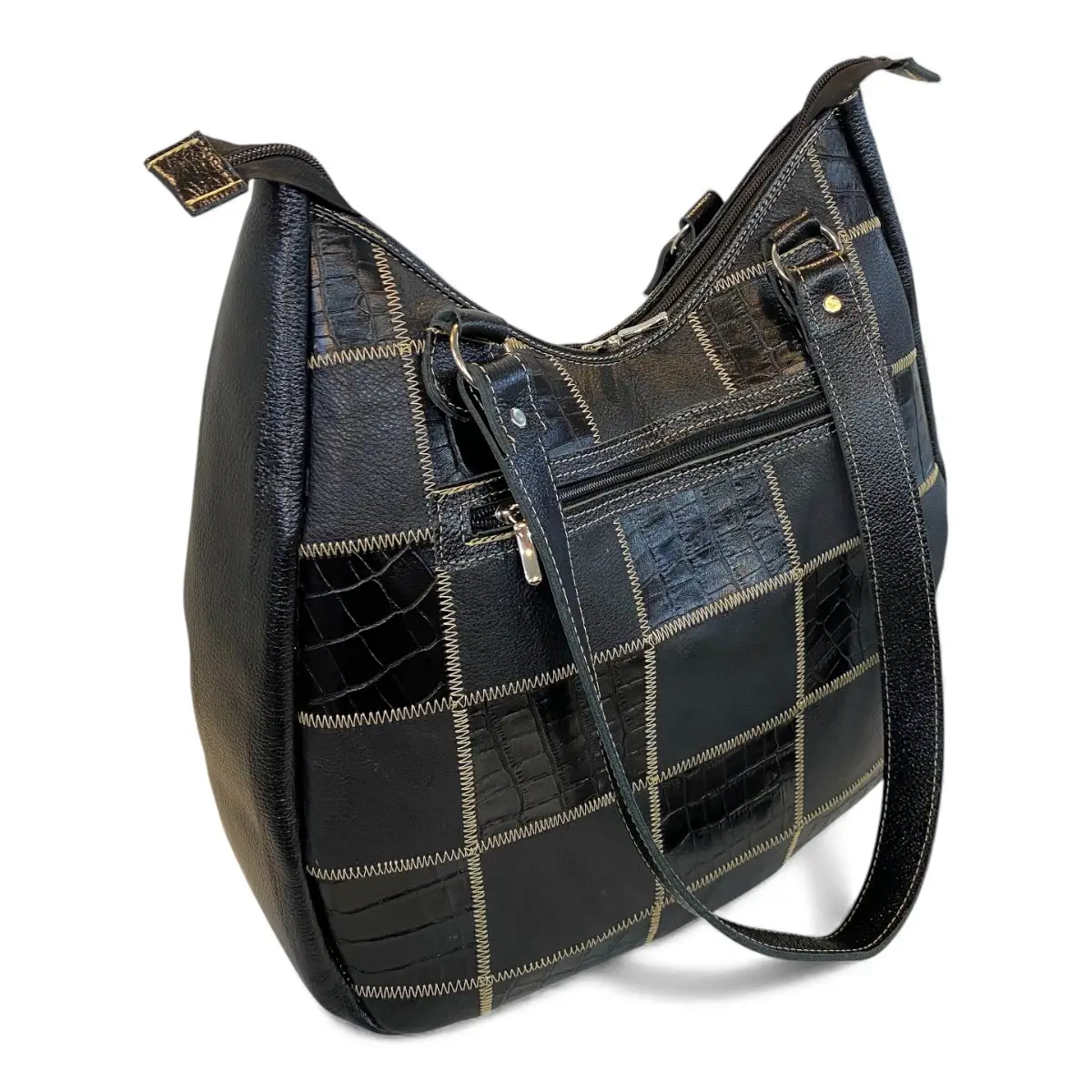 Bolsa Em Retalhos De Couro Legitimo Ombro Grande Feminina - Imagem 15