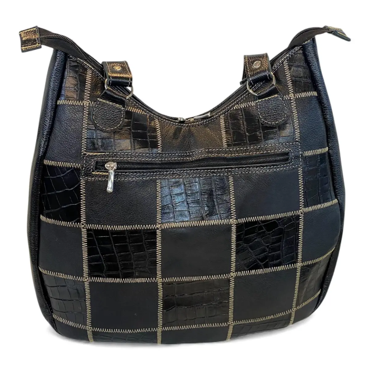 Bolsa Em Retalhos De Couro Legitimo Ombro Grande Feminina - Imagem 16
