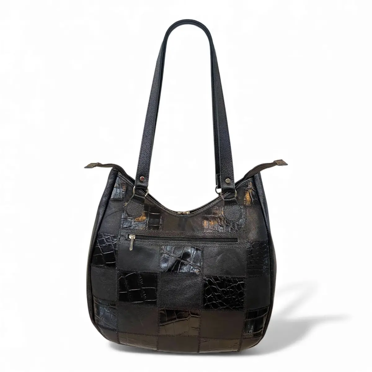 Bolsa Em Retalhos De Couro Legitimo Ombro Grande Feminina - Imagem 18