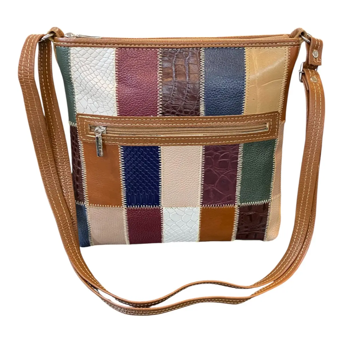 Bolsa Retalhos Couro Legitimo Feminina Transversal
