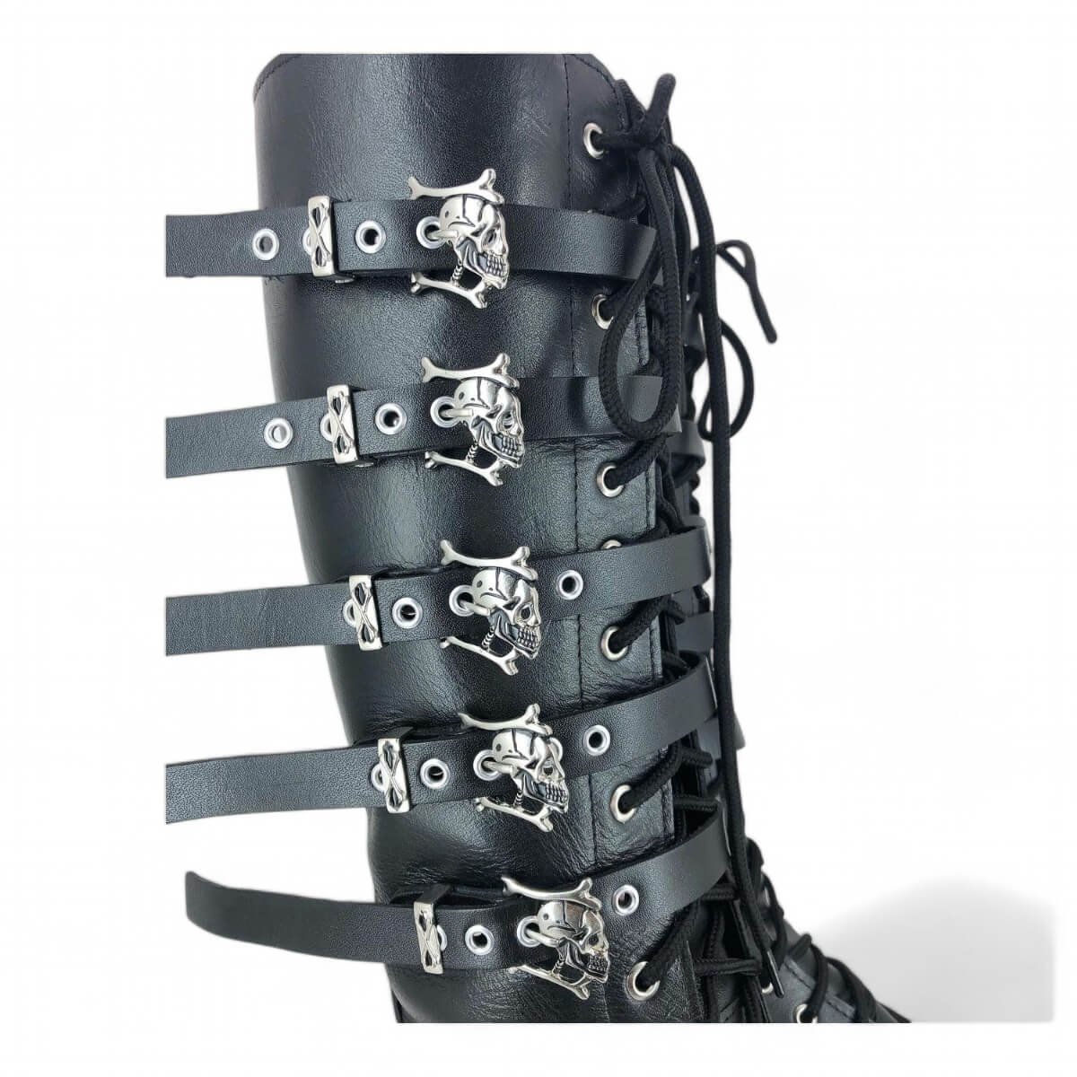 Coturno Couro Bovino Legitimo Cano Alto Ziper 5 Fivelas Caveiras Ref137 - Imagem 6