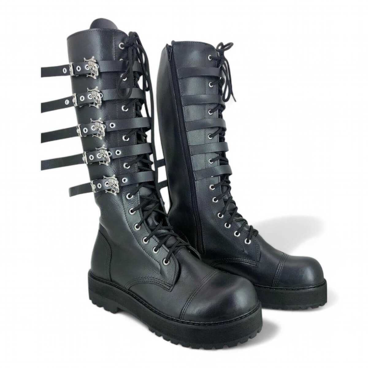 Coturno Couro Bovino Legitimo Cano Alto Ziper 5 Fivelas Caveiras Ref137