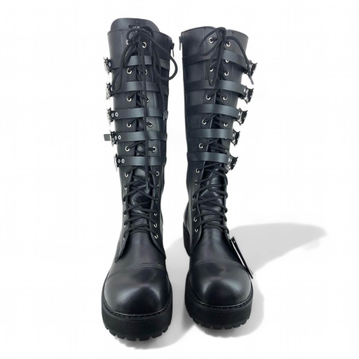 Coturno Couro Bovino Legitimo Cano Alto Ziper 5 Fivelas Caveiras Ref137 - Imagem 5