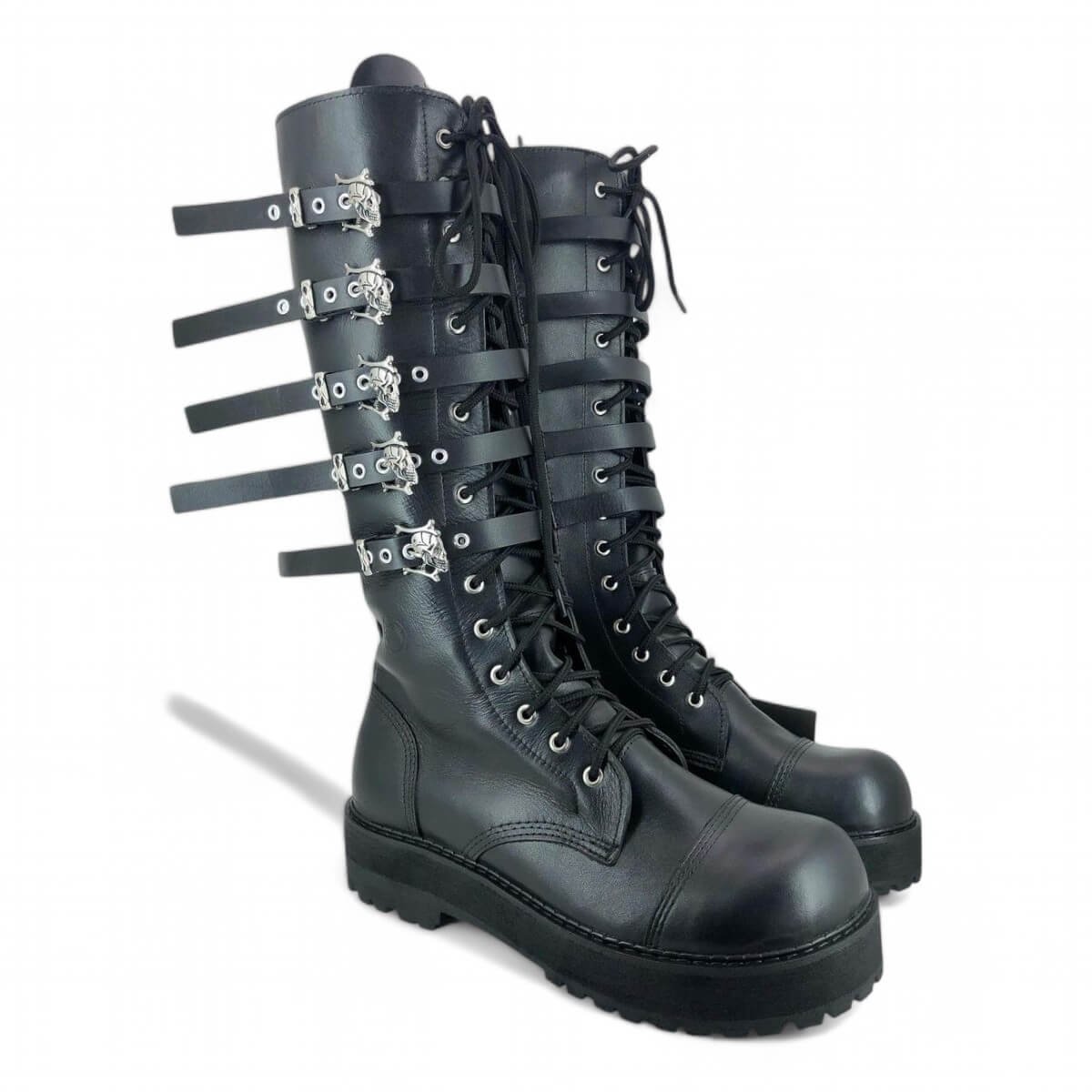 Coturno Couro Bovino Legitimo Cano Alto Ziper 5 Fivelas Caveiras Ref137 - Imagem 4