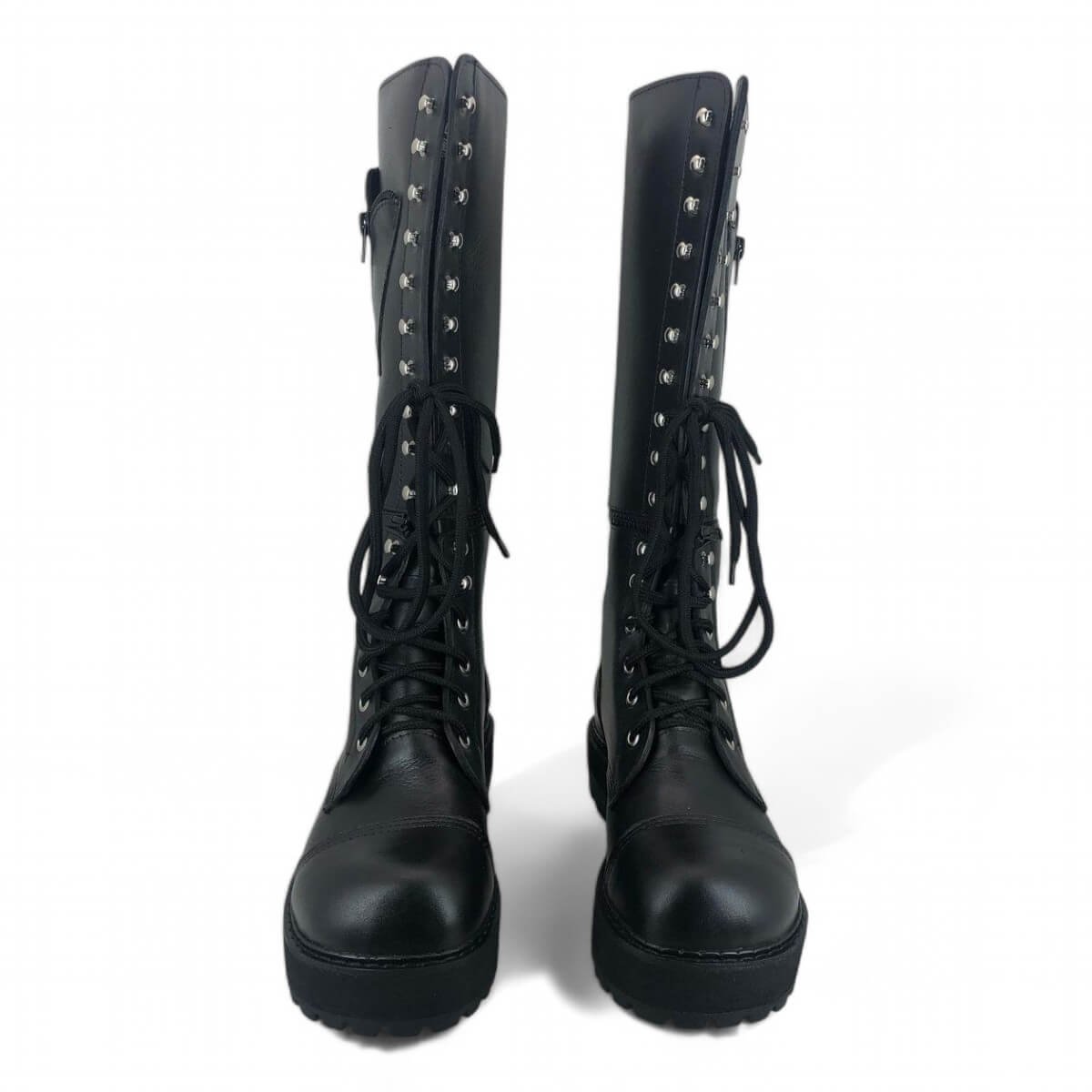 Coturno Couro Bovino Legitimo Cano Alto Ganchos Ilhoses 2 Fivelas Ref157 - Imagem 5