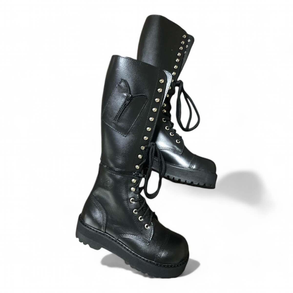 Coturno Couro Bovino Legitimo Cano Alto Ganchos Ilhoses 2 Fivelas Ref157 - Imagem 2