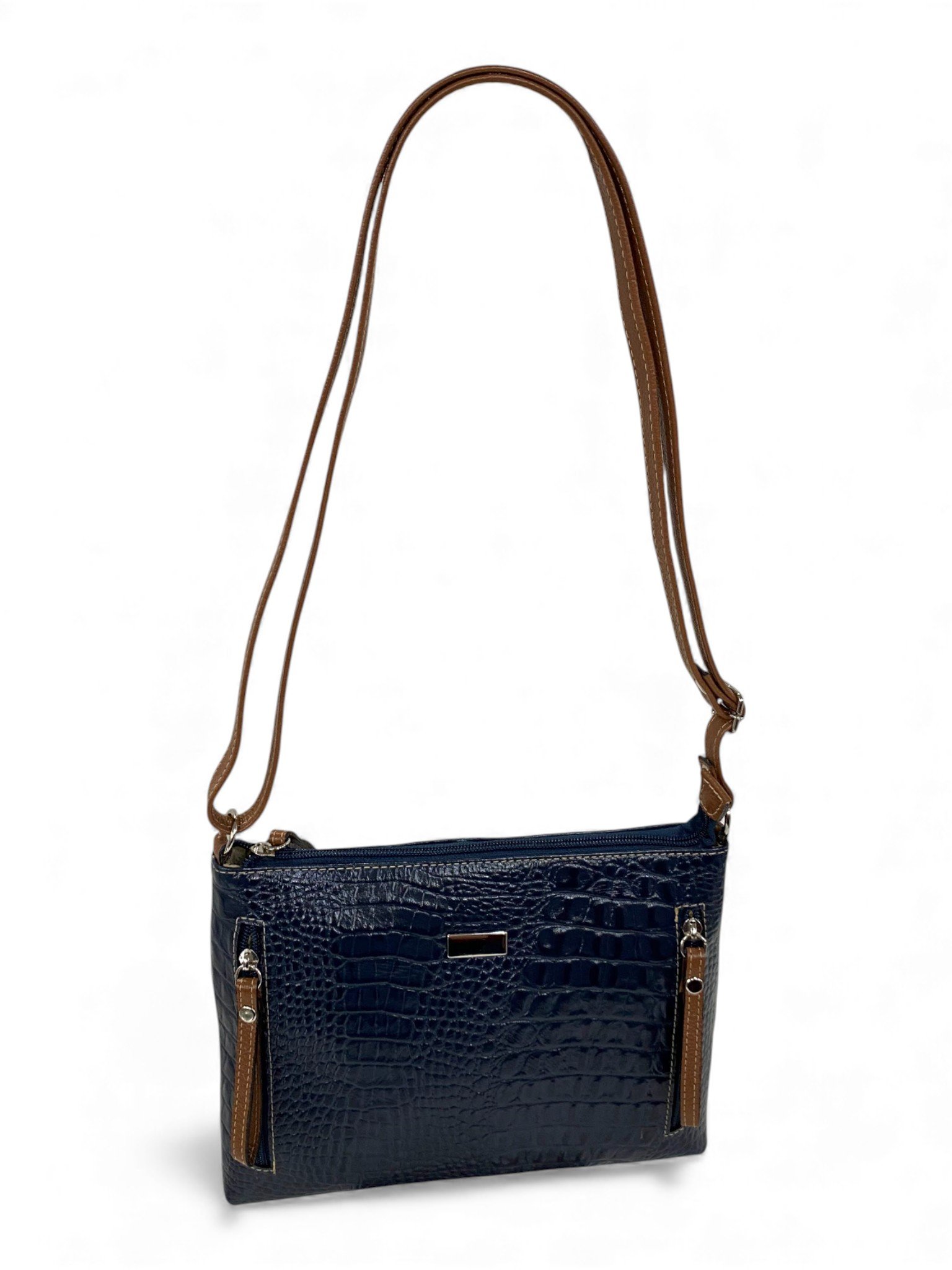 Bolsa Feminina Couro Transversal Bls294 4 Ziperes Duas Cores Croco - Imagem 47