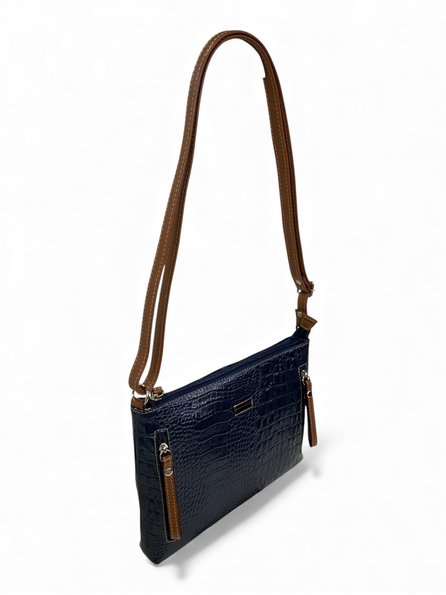 Bolsa Feminina Couro Transversal Bls294 4 Ziperes Duas Cores Croco - Imagem 46