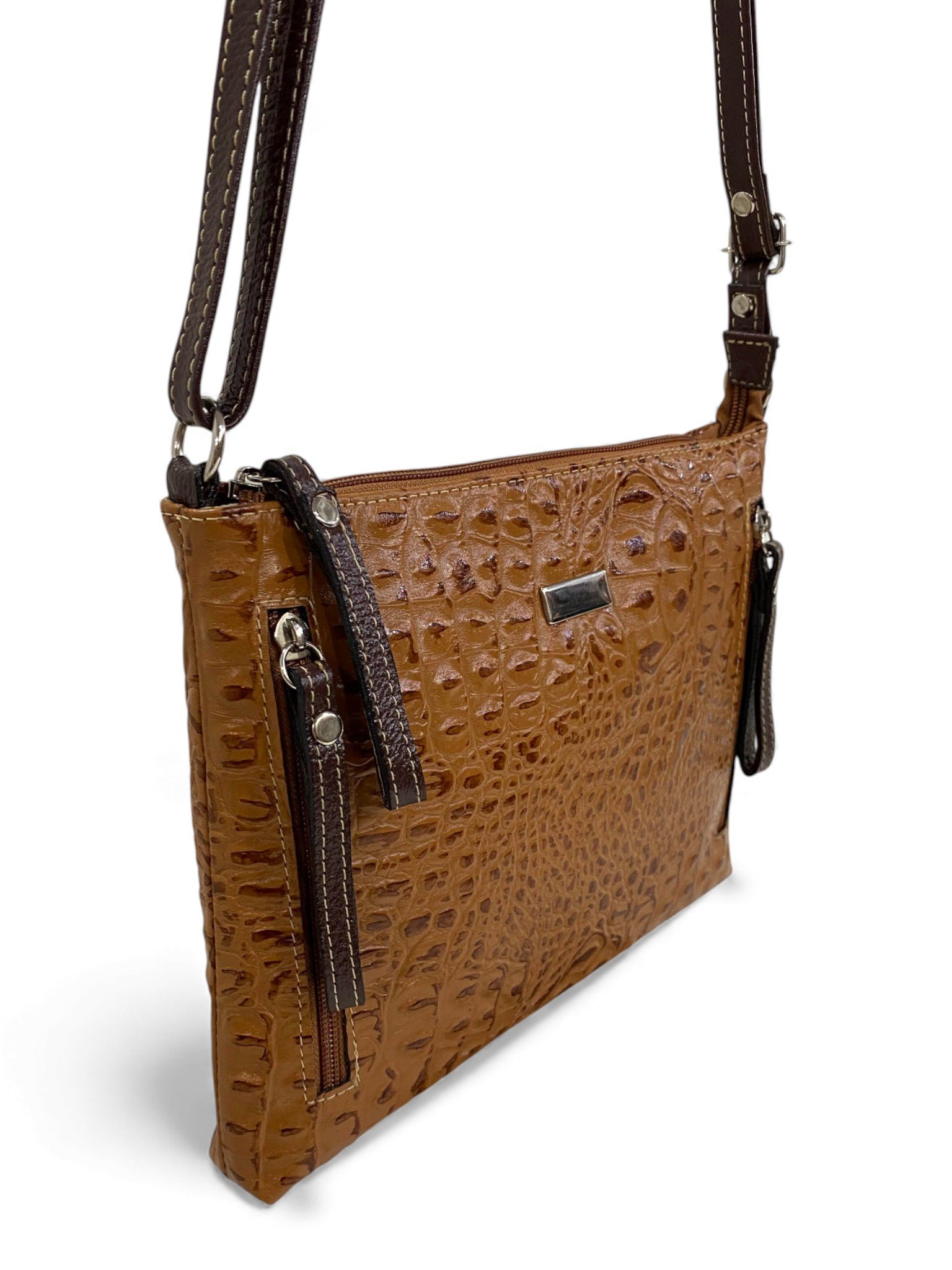 Bolsa Feminina Couro Transversal Bls294 4 Ziperes Duas Cores Croco - Imagem 41