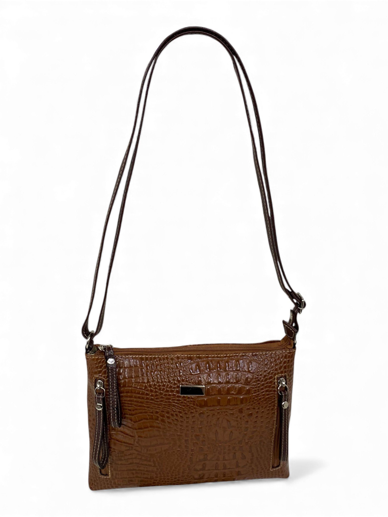 Bolsa Feminina Couro Transversal Bls294 4 Ziperes Duas Cores Croco - Imagem 38