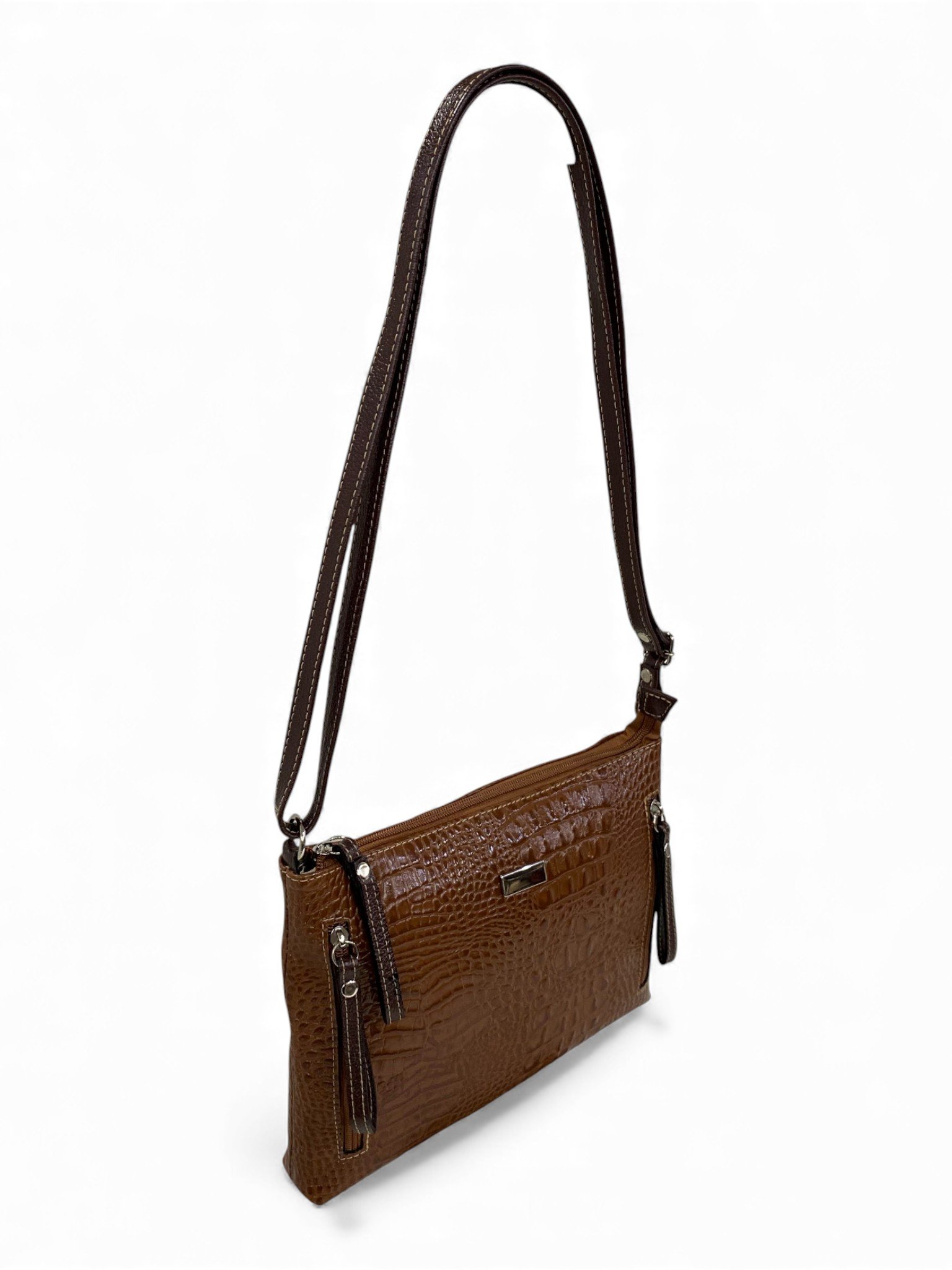 Bolsa Feminina Couro Transversal Bls294 4 Ziperes Duas Cores Croco - Imagem 37