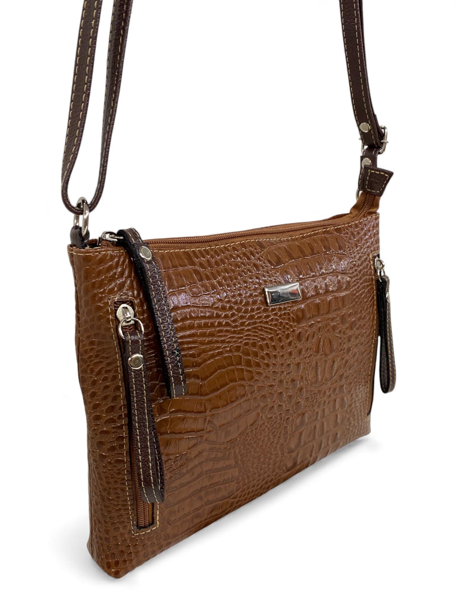 Bolsa Feminina Couro Transversal Bls294 4 Ziperes Duas Cores Croco - Imagem 36