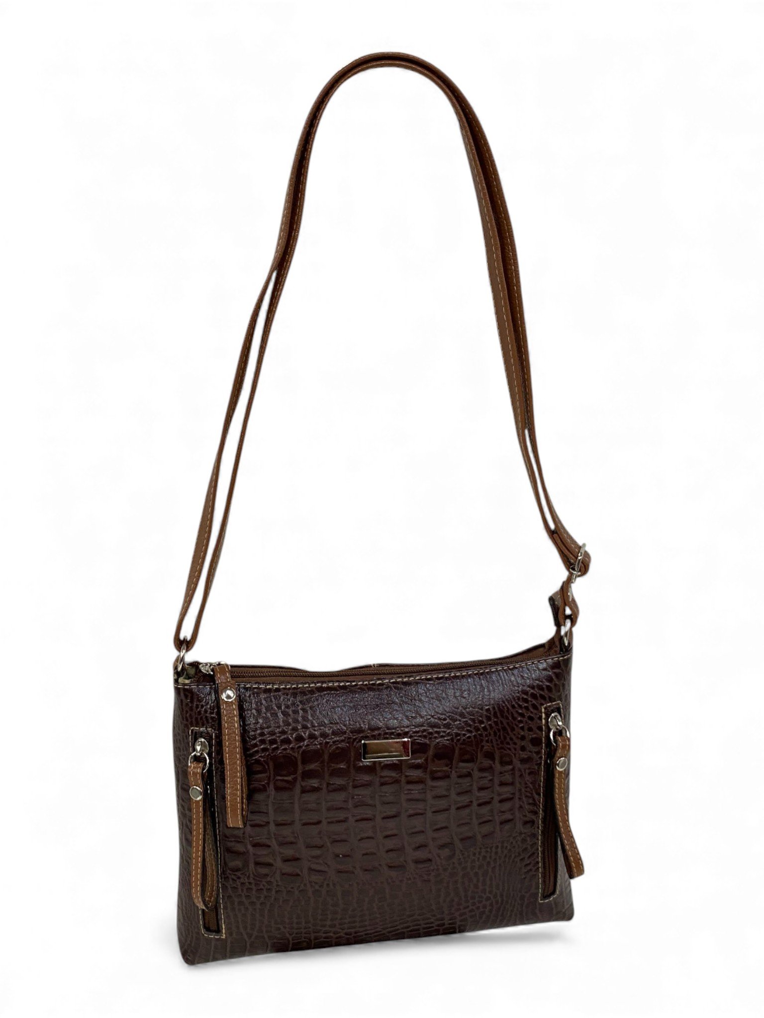 Bolsa Feminina Couro Transversal Bls294 4 Ziperes Duas Cores Croco - Imagem 25