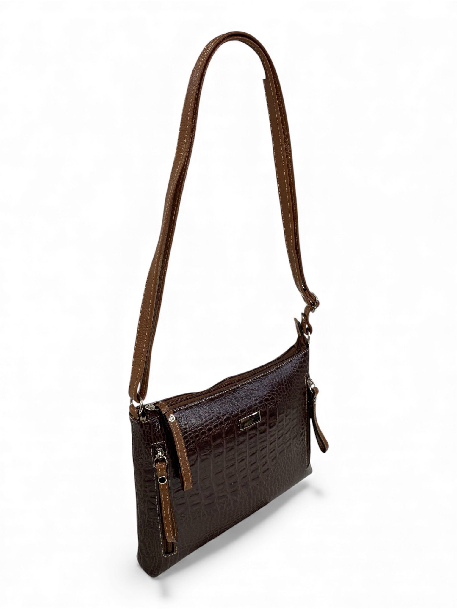 Bolsa Feminina Couro Transversal Bls294 4 Ziperes Duas Cores Croco - Imagem 24