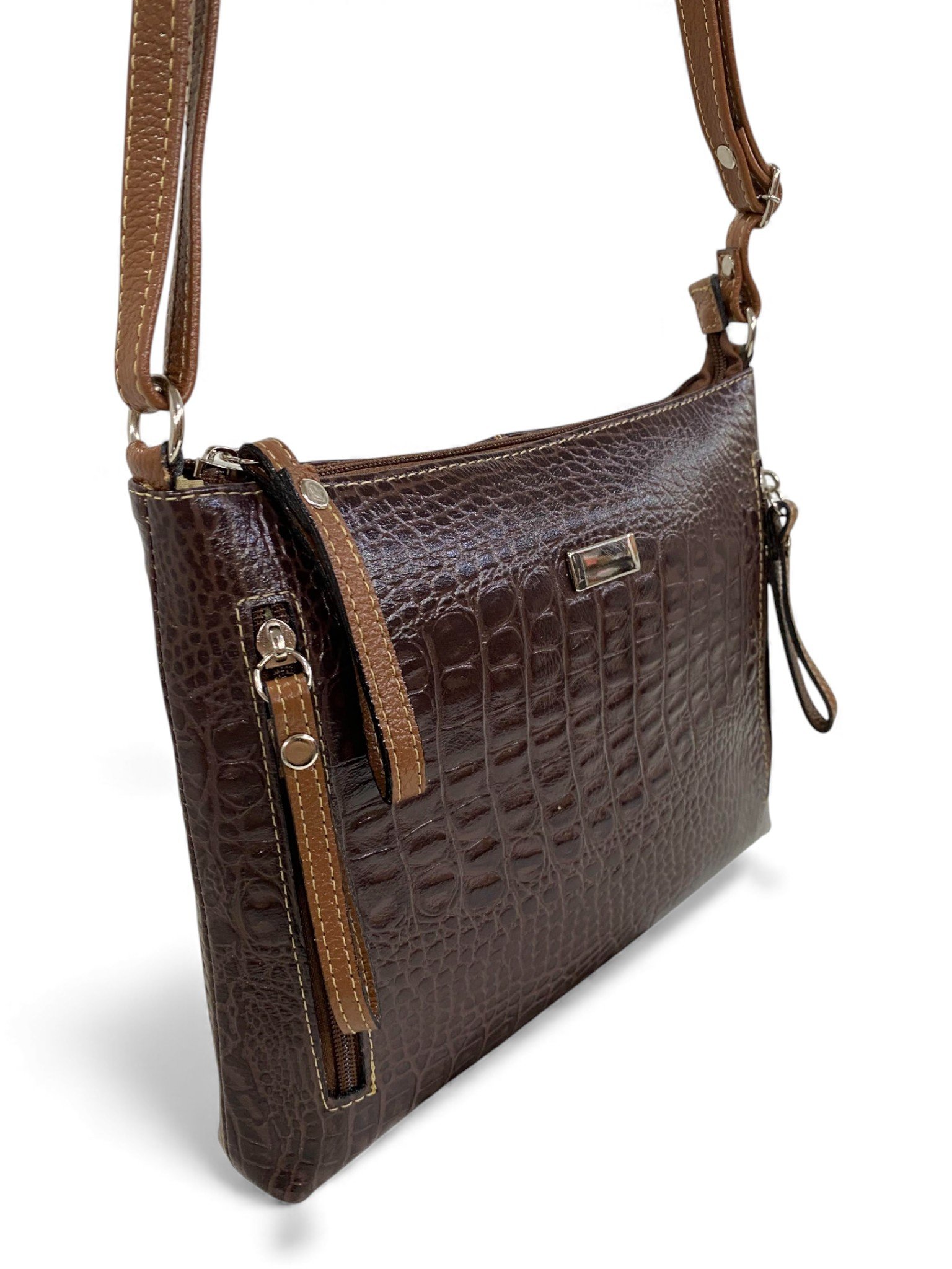 Bolsa Feminina Couro Transversal Bls294 4 Ziperes Duas Cores Croco - Imagem 23