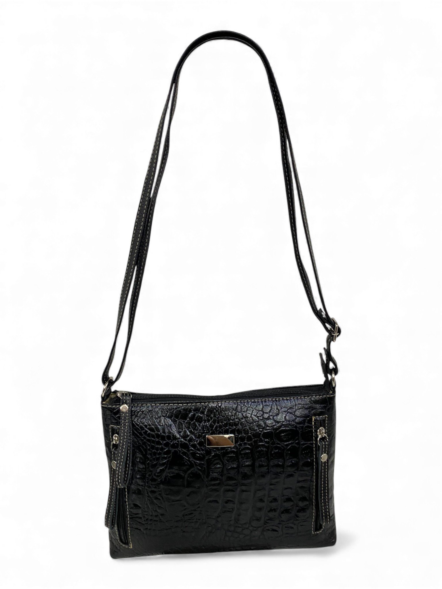 Bolsa Feminina Couro Transversal Bls294 4 Ziperes Duas Cores Croco - Imagem 21