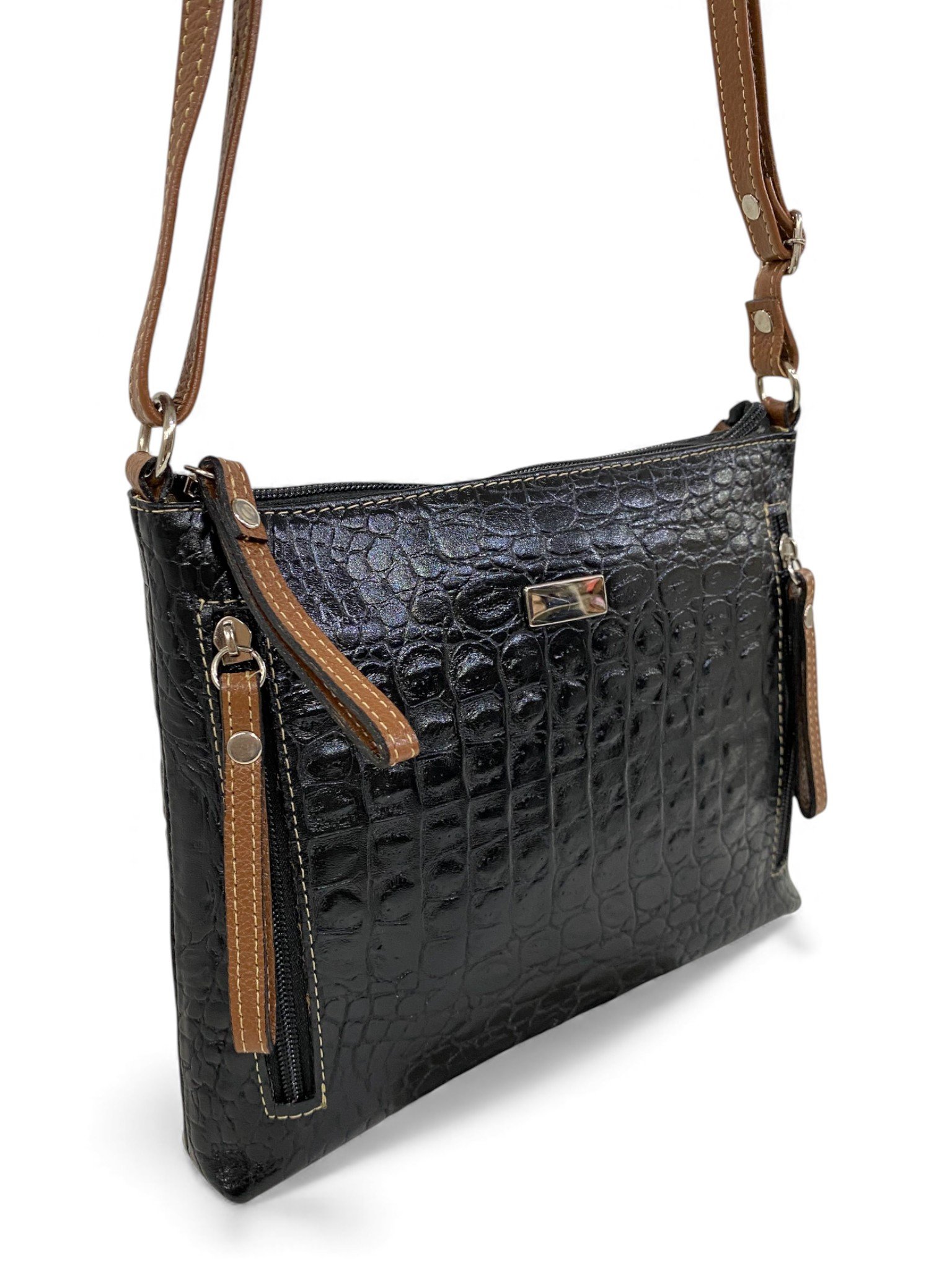 Bolsa Feminina Couro Transversal Bls294 4 Ziperes Duas Cores Croco