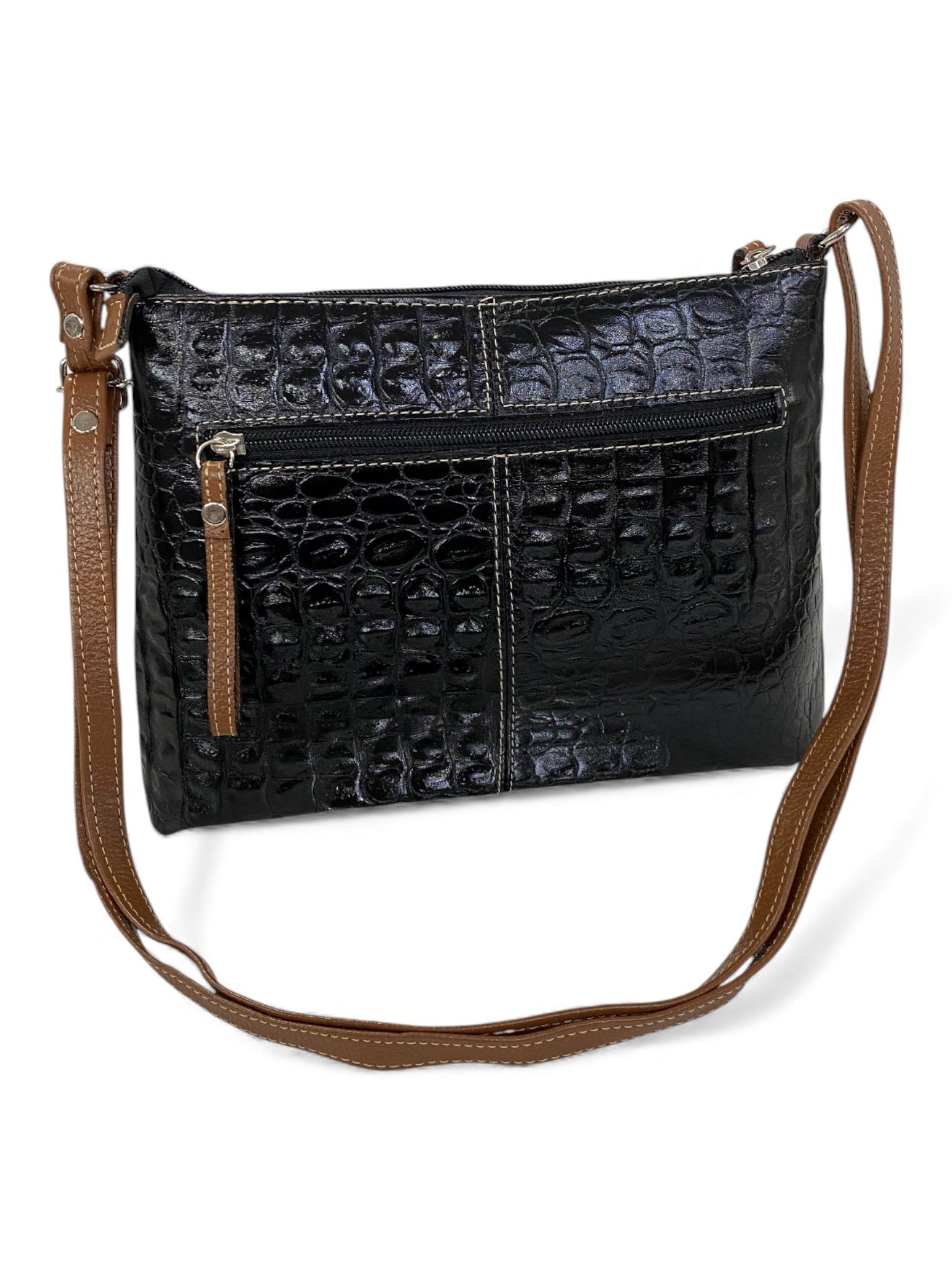 Bolsa Feminina Couro Transversal Bls294 4 Ziperes Duas Cores Croco - Imagem 10