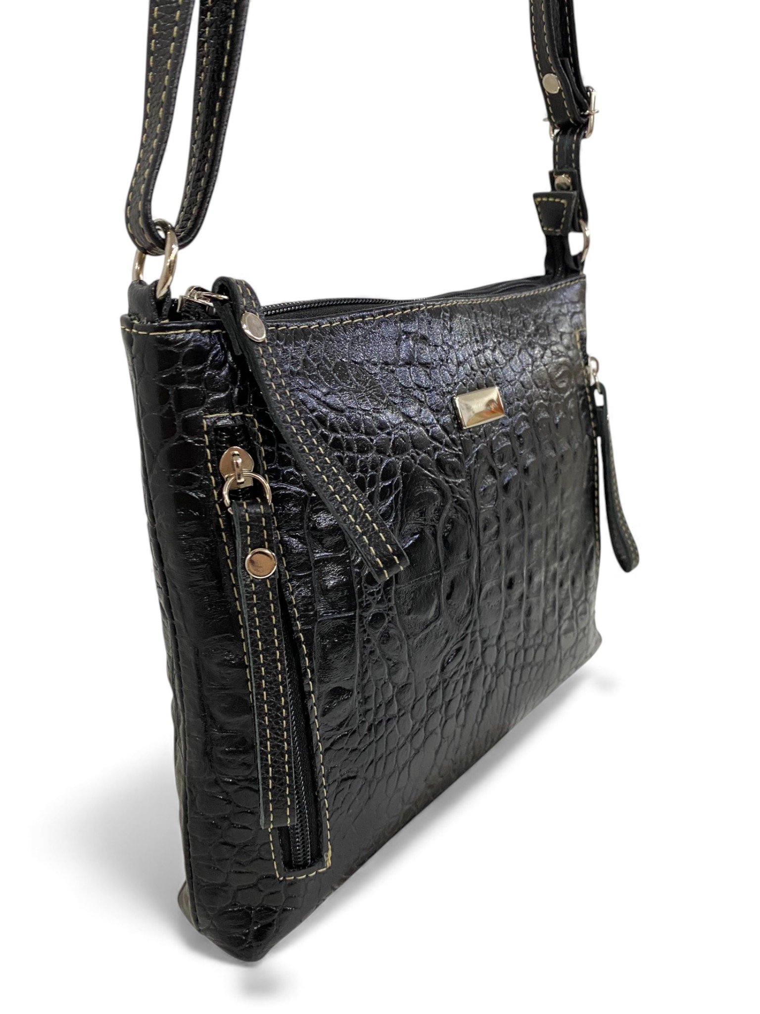 Bolsa Feminina Couro Transversal Bls294 4 Ziperes Duas Cores Croco - Imagem 19