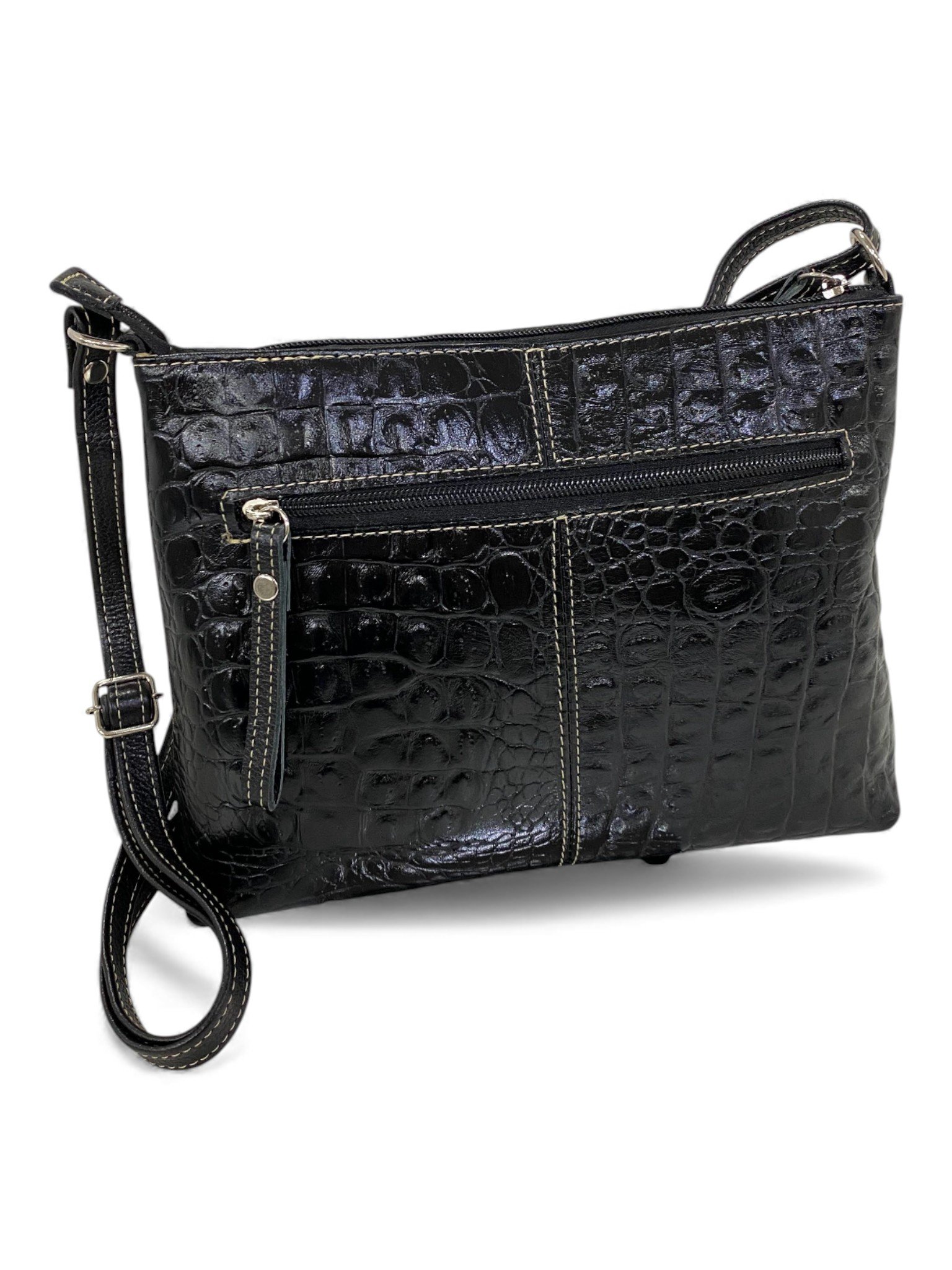 Bolsa Feminina Couro Transversal Bls294 4 Ziperes Duas Cores Croco - Imagem 18