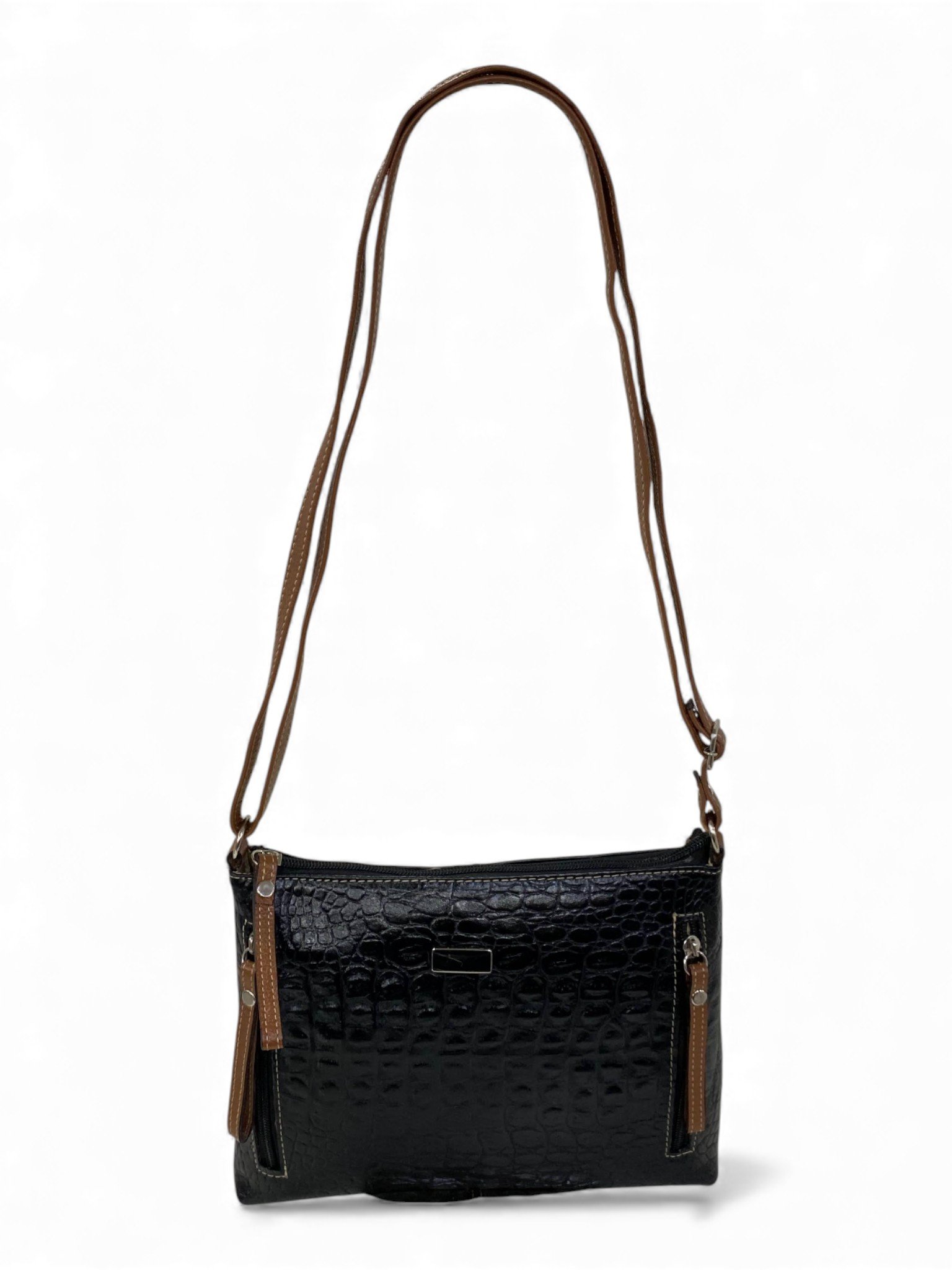 Bolsa Feminina Couro Transversal Bls294 4 Ziperes Duas Cores Croco - Imagem 14