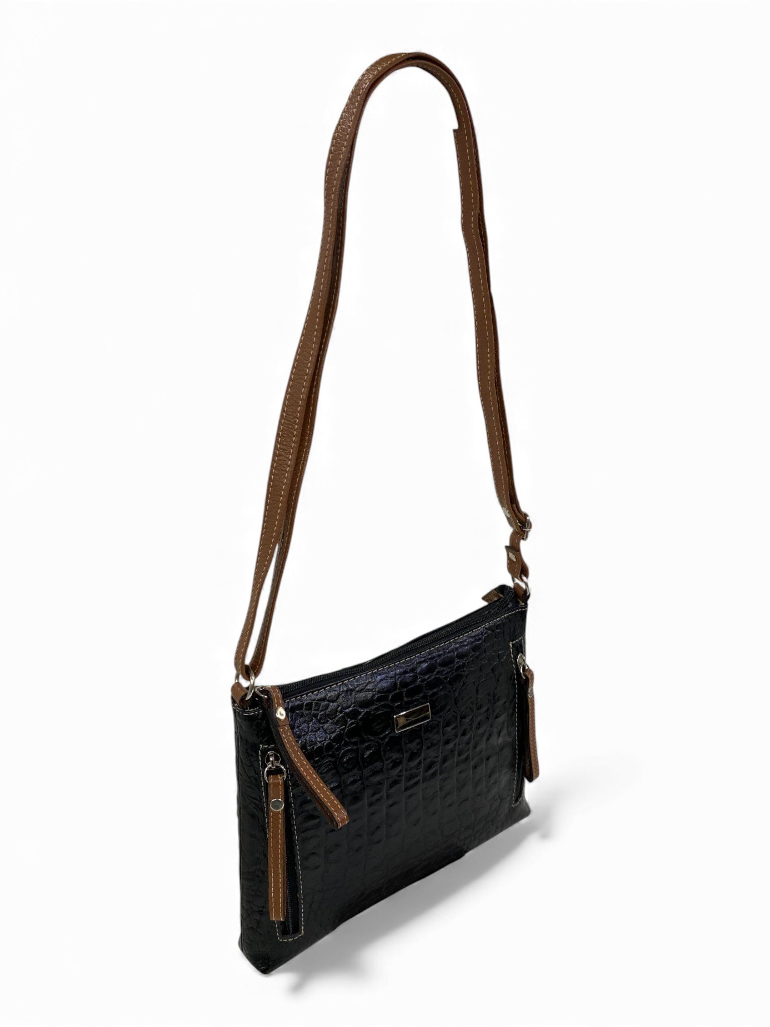 Bolsa Feminina Couro Transversal Bls294 4 Ziperes Duas Cores Croco - Imagem 13