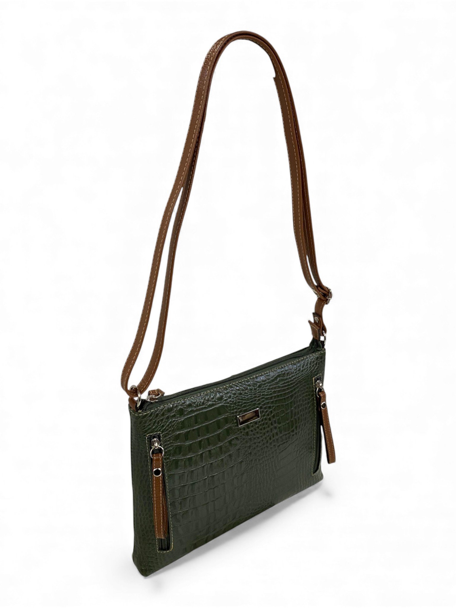 Bolsa Feminina Couro Transversal Bls294 4 Ziperes Duas Cores Croco - Imagem 8