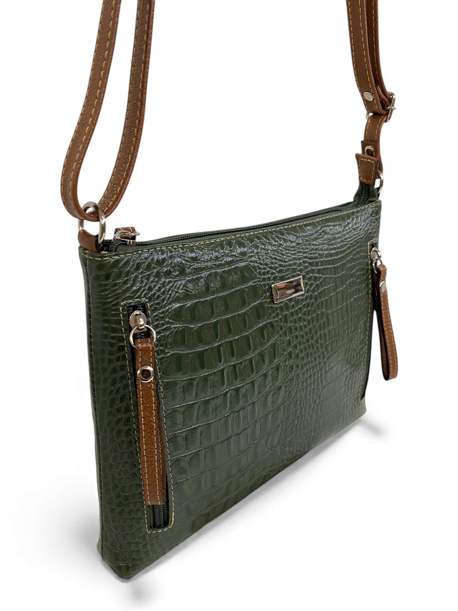 Bolsa Feminina Couro Transversal Bls294 4 Ziperes Duas Cores Croco - Imagem 7