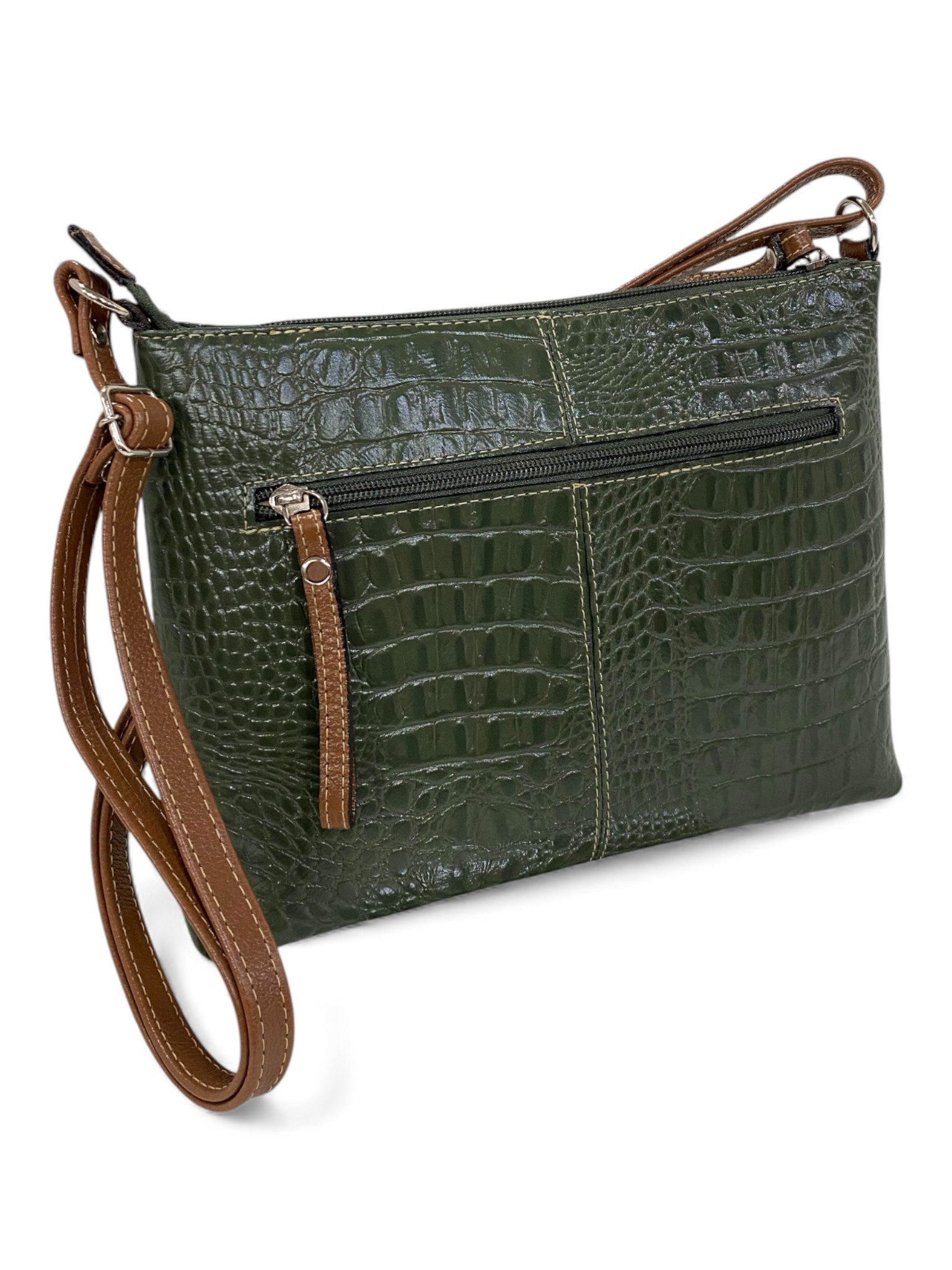 Bolsa Feminina Couro Transversal Bls294 4 Ziperes Duas Cores Croco - Imagem 6