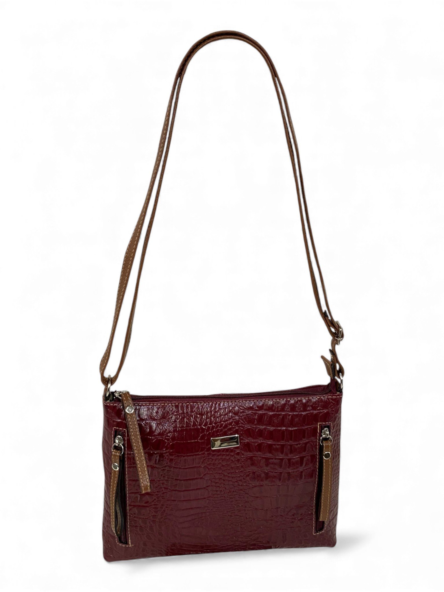 Bolsa Feminina Couro Transversal Bls294 4 Ziperes Duas Cores Croco - Imagem 5