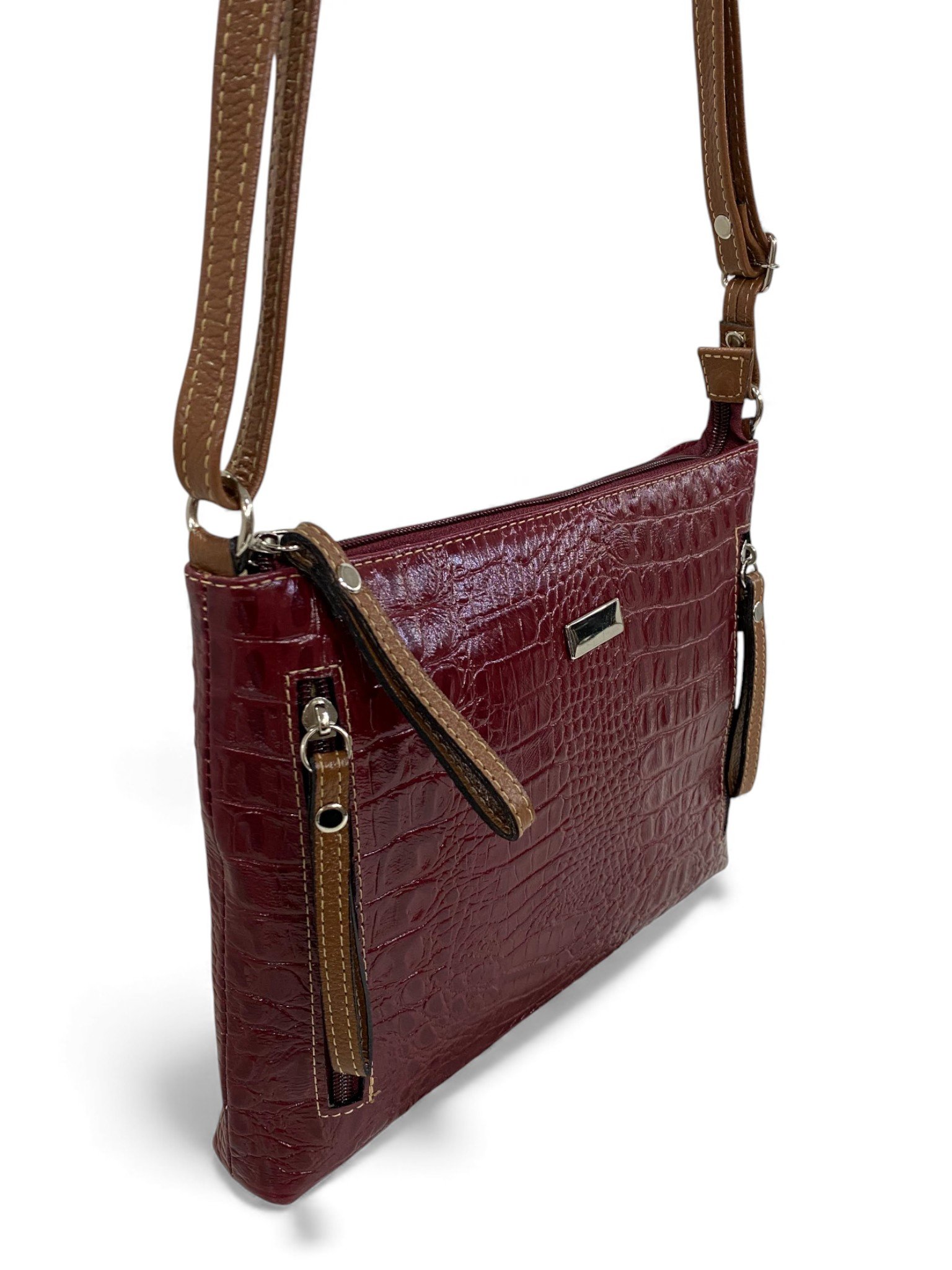 Bolsa Feminina Couro Transversal Bls294 4 Ziperes Duas Cores Croco - Imagem 3