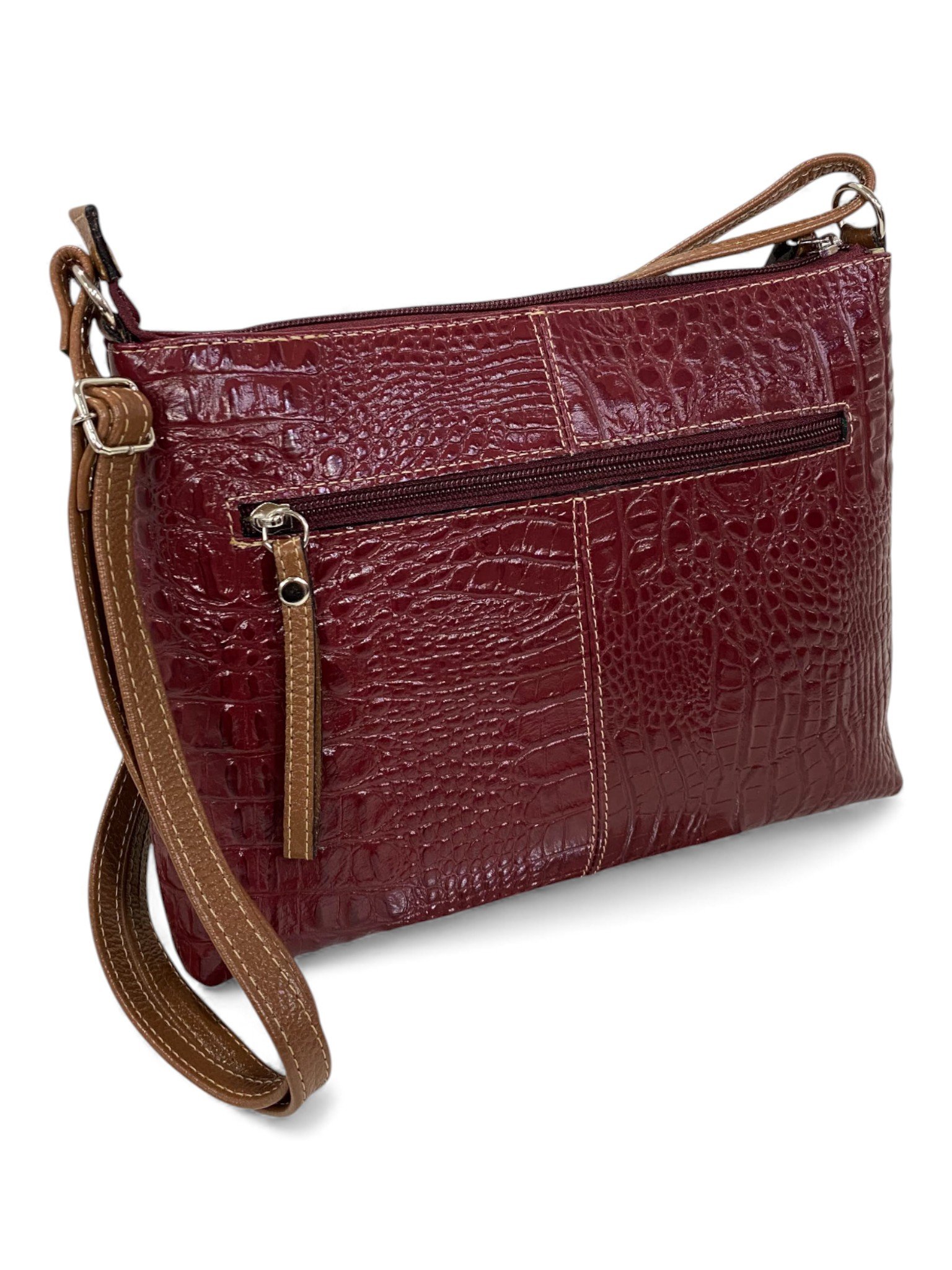 Bolsa Feminina Couro Transversal Bls294 4 Ziperes Duas Cores Croco - Imagem 2