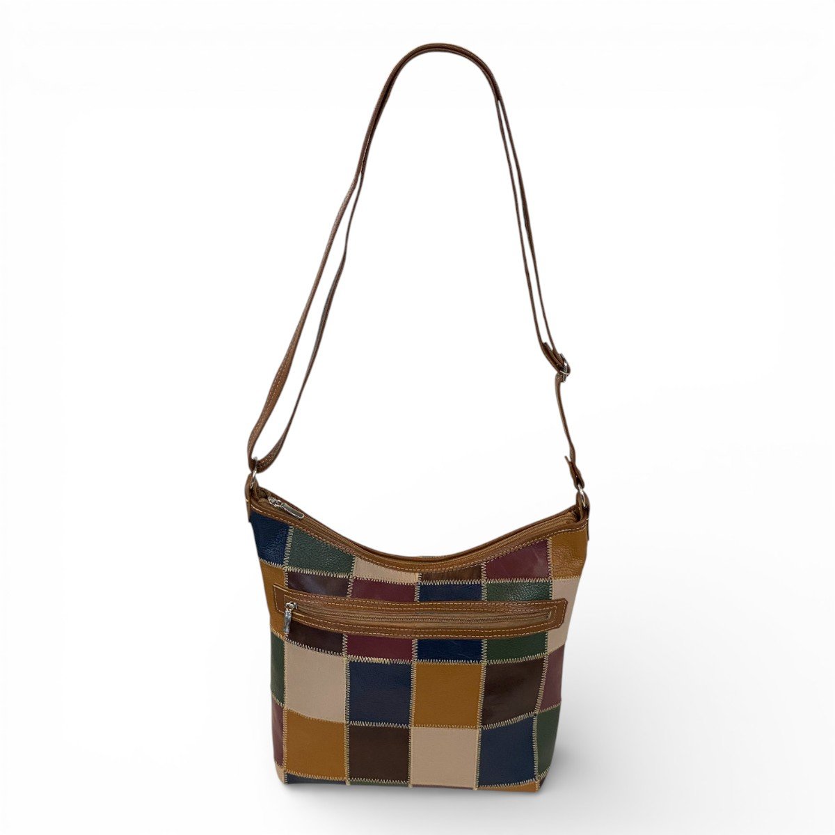 Bolsa Retalhos Couro Legitimo Feminina Transversal Fundo Largo - Imagem 2