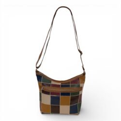 Bolsa Retalhos Couro Legitimo Feminina Transversal Fundo Largo