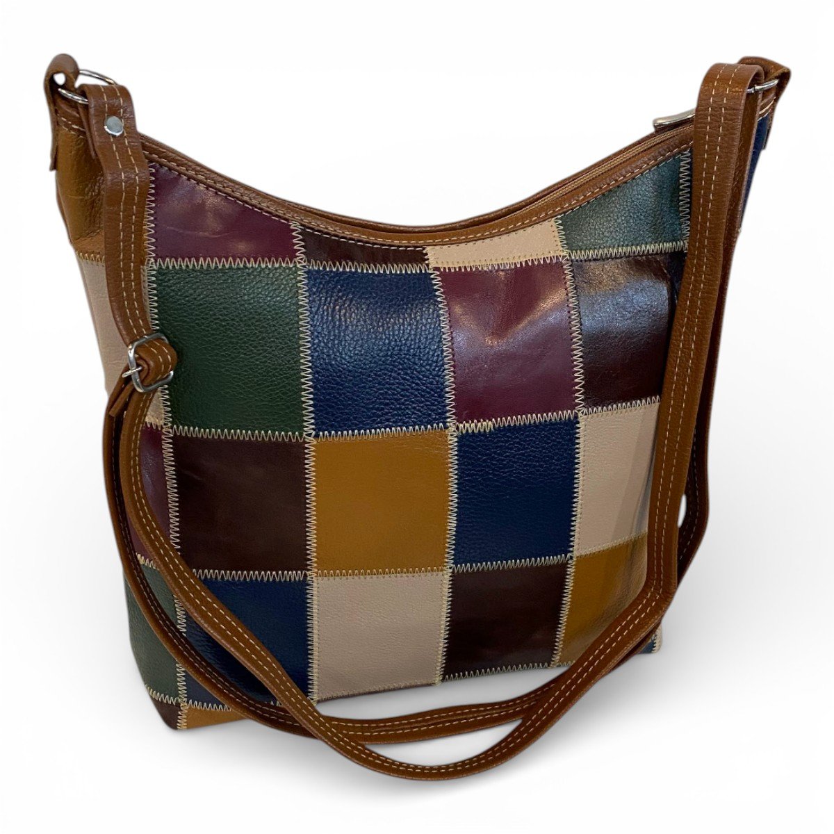 Bolsa Retalhos Couro Legitimo Feminina Transversal Fundo Largo - Imagem 15