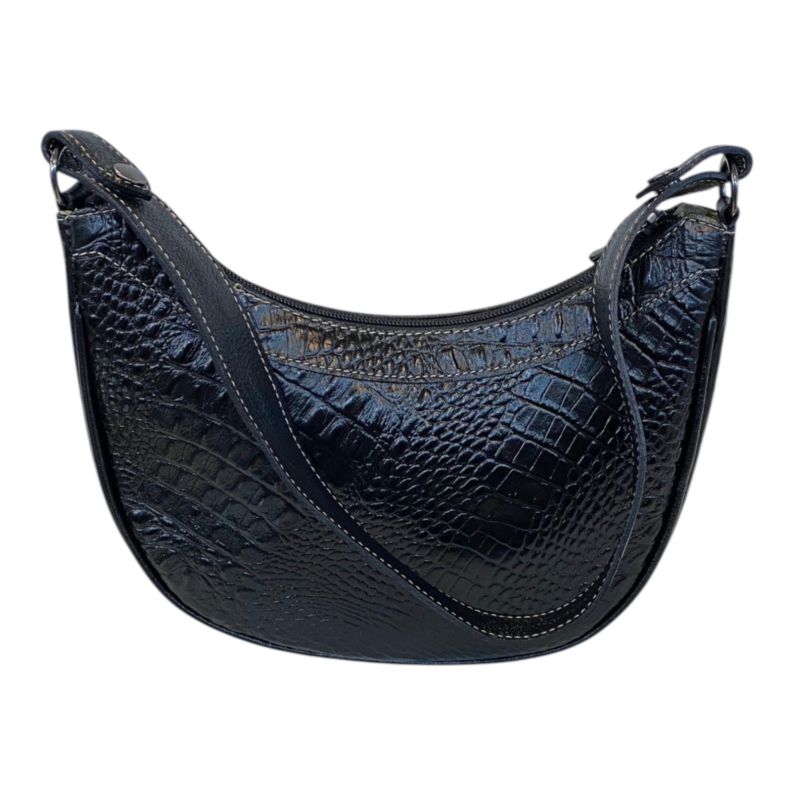 Bolsa Meia Lua Couro Bovino Média Ombro Social Festa Croco - Imagem 5